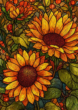Stained Glass Sunflowers and Berries