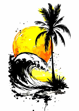 Tropical Sunset Wave Palm Tree