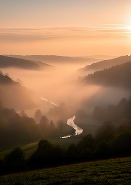 Misty Valley Sunrise Over River