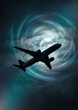 Airplane flying through a nebula