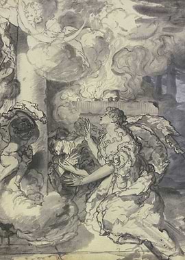 Angels and figures in a dramatic scene