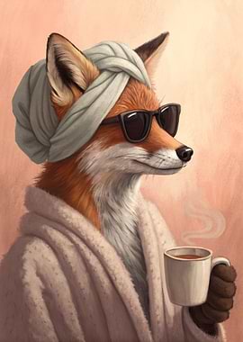 Fox in Robe and Sunglasses with Coffee