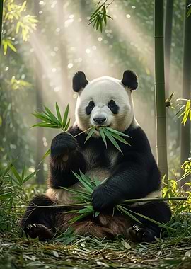 Panda eating bamboo in forest