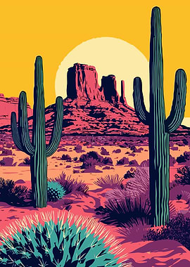Desert Landscape with Cacti and Mesas