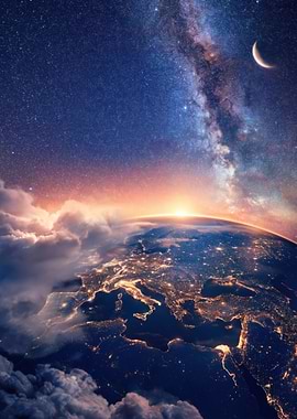 Earth from Space with Milky Way