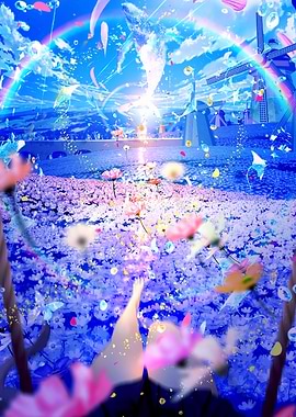 Whimsical Field of Flowers with Rainbow