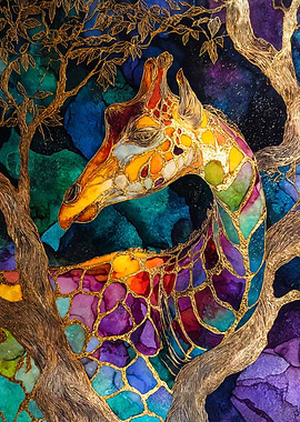 Majestic Giraffe Colorful Gold Ink Art