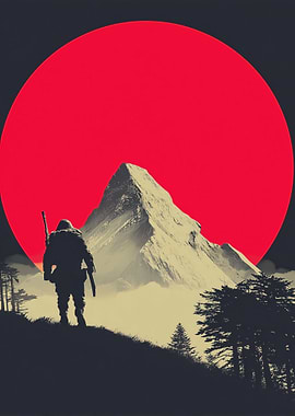 Lone figure before a mountain and sun