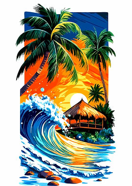 Tropical Beach Sunset with Wave and Hut
