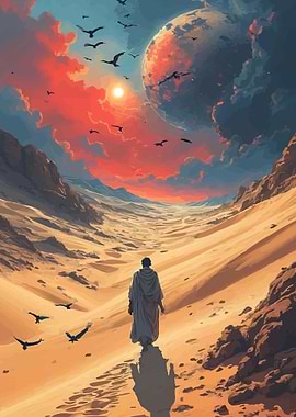 Lone traveler in a desert landscape