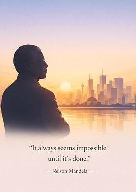 Nelson Mandela quote with cityscape sunset