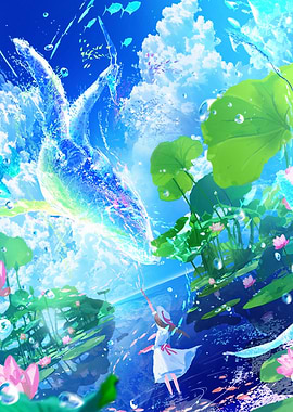 Magical Water Creature and Girl in Lotus Pond