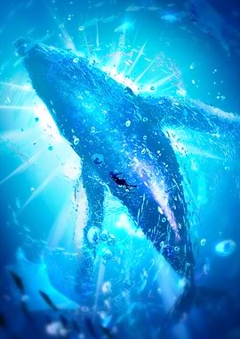 Diver with Whale in Blue Ocean