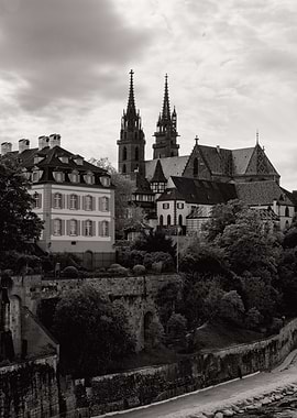 A view of Basel the famous Swiss city showing 'The Old Town' with the cathedral at River Rhine.