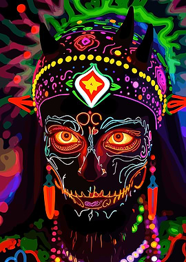 Neon Skull Face with Horns