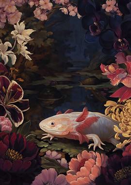Axolotl in a Floral Garden