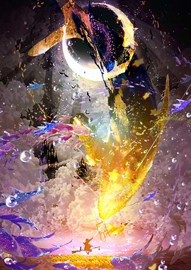 Whimsical Fantasy Whale and Moon Scene