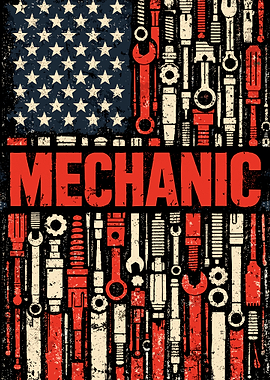 Mechanic American Flag Poster, Patriotic Tools Wall Art, Industrial Garage Print