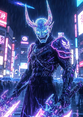 Cyberpunk Oni Warrior in Neon City
