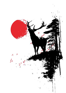 Deer Silhouette with Red Sun and Trees