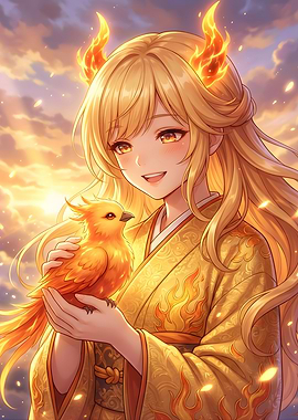 Anime Girl with Fiery Phoenix