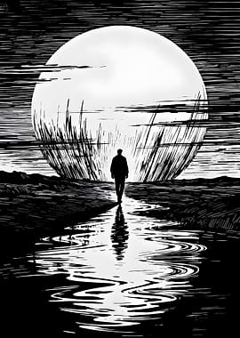Man walks towards a giant moon