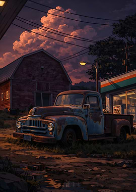 Rusty vintage truck at sunset