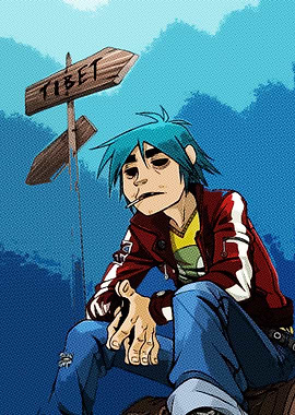 2D from Gorillaz sitting by a Tibet sign