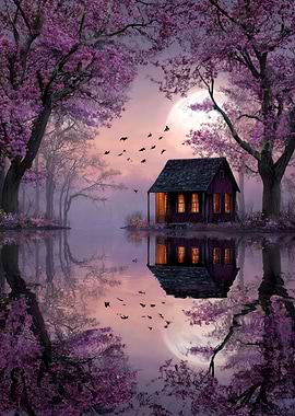 Enchanted Cabin by Moonlit Lake
