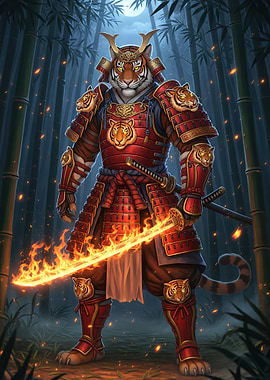 Tiger Samurai Warrior with Fiery Sword