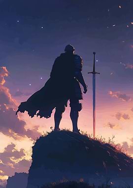 Knight Standing on Cliff at Sunset