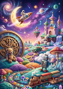 Whimsical Dreamscape with Toys and Space Elements