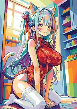 Anime Cat Girl in Red Cheongsam
