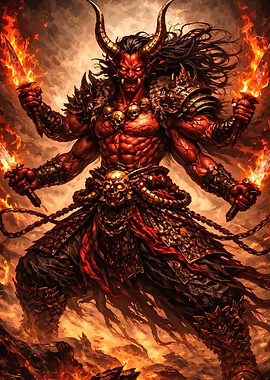 Demonic Warrior with Fiery Swords