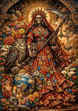 Santa Muerte with Owl and Globe