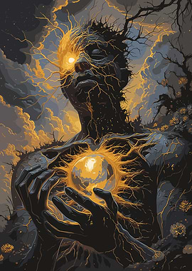 Cosmic Being Holding a Glowing Orb