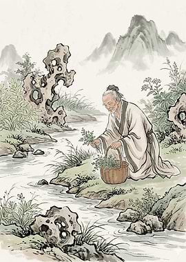 Elderly Man Gathering Herbs by a Stream