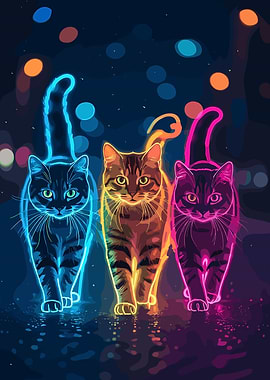 Three Neon Cats Walking
