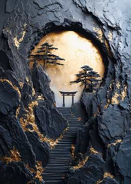 Golden Torii Gate Stone Relief