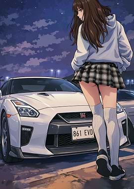 Anime Girl with White nissan gtr r35 Sports Car