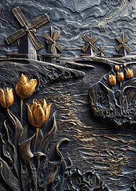 Golden Dutch Windmills Tulips Stone Relief
