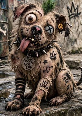 Punk Dog with Tattoos and Piercings