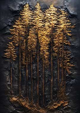 Golden Forest Trees Stone Relief