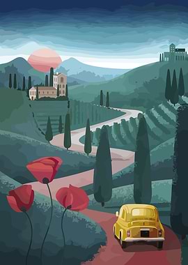 Tuscan Landscape with Vintage Car