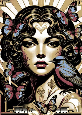 Art Nouveau Woman with Butterflies and Bird