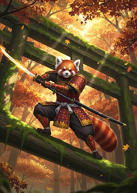 Red Panda Samurai in Autumn Forest