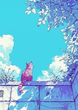 Cat on a Wall Looking at the Sky