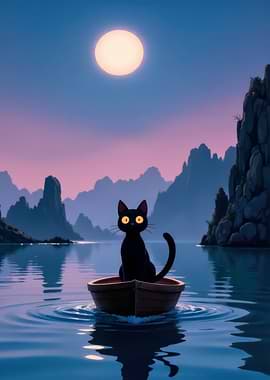 Black Cat in a Boat Under the Moon