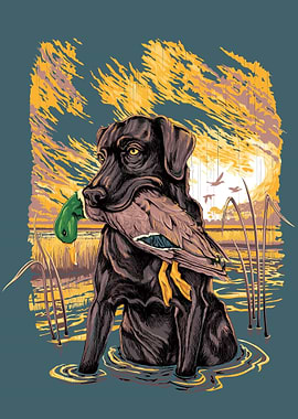 Hunting Dog with Duck in Sunset Marsh Vintage Poster
