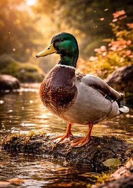 Mallard Duck on a Mossy Rock